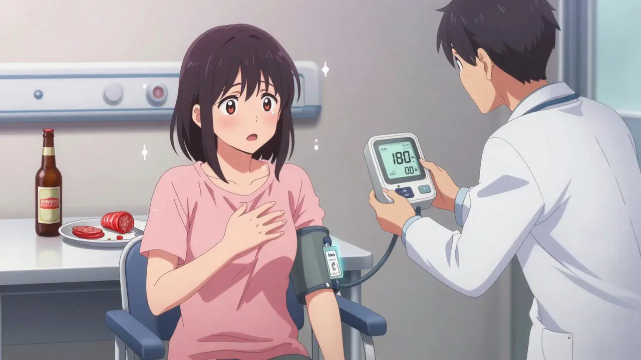 Une femme en urgence médicale, avec une carte IMAO qui tombe de sa poche, entourée de bière et de saucisses dangereuses.