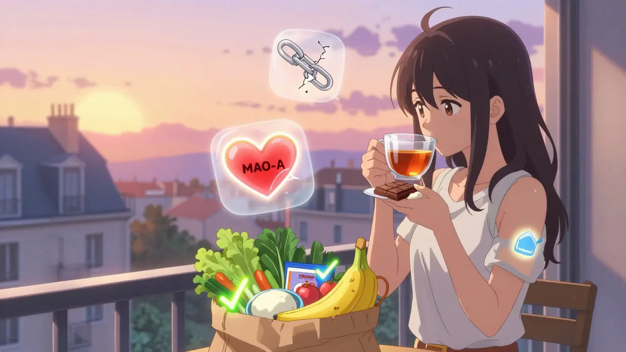 Une femme profite d'un petit-déjeuner sain sur un balcon, entourée d'icônes de sécurité alimentaire et d'un patch IMAO.