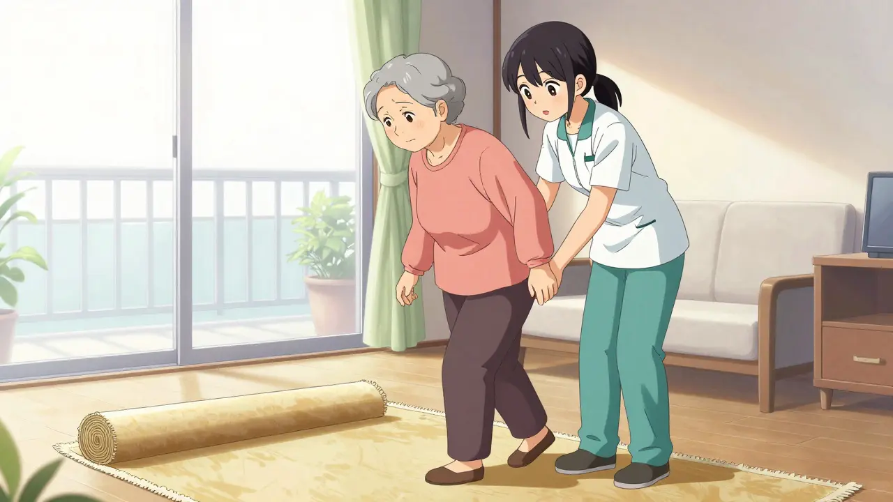 Aidante sécurisant le domicile d'une personne âgée pour éviter les chutes.