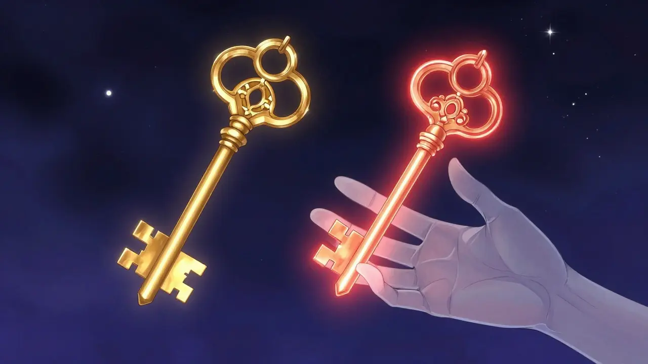 Deux clés dorées similaires flottant dans un espace étoilé illustrant la cross-réactivité.