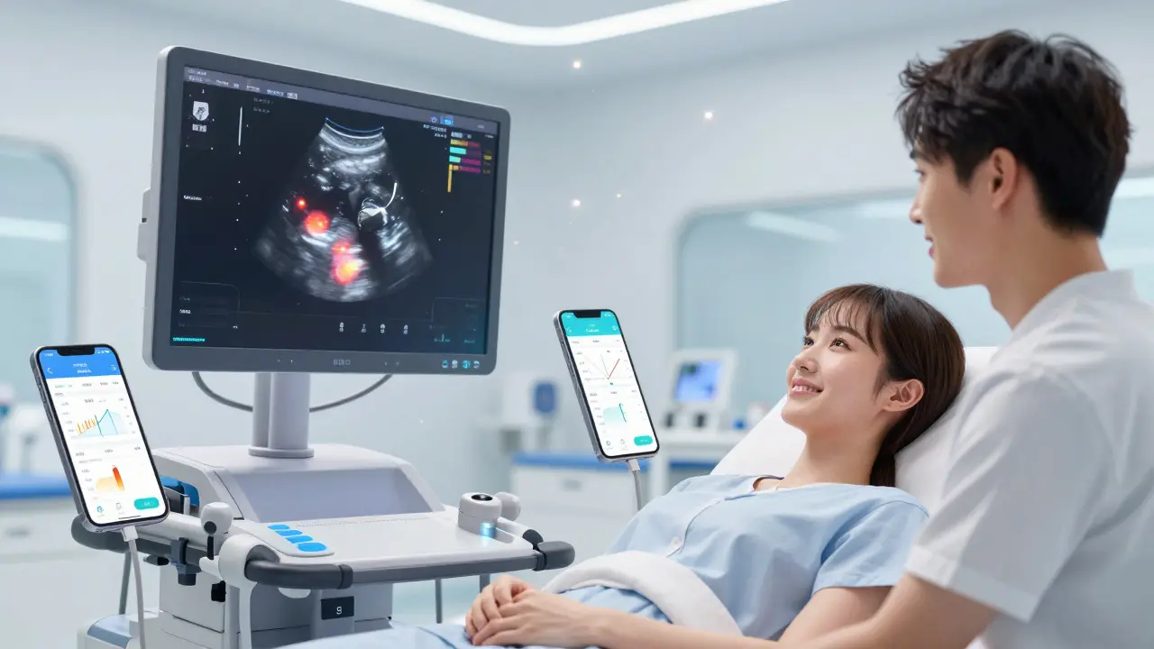 Échographie et suivi connecté futuriste dans un style manga optimiste.