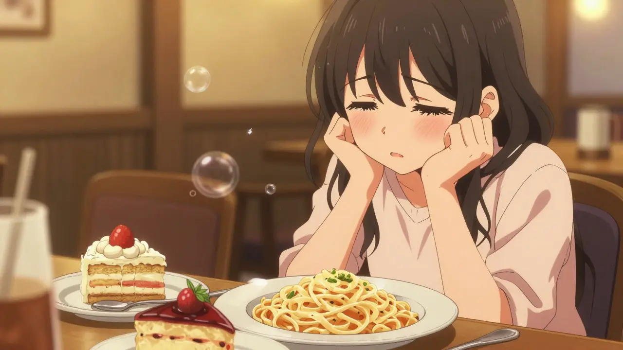 Femme face à des plats gourmands dans un restaurant, style manga shoujo.