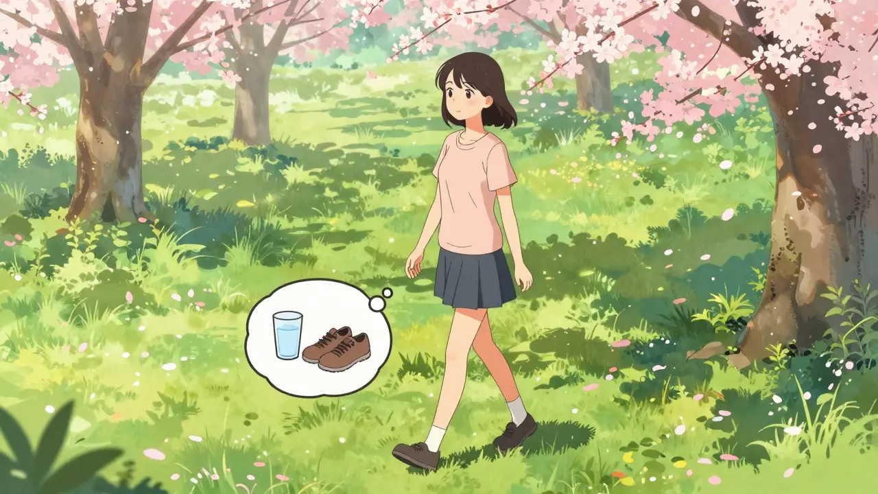 Femme marchant sereinement dans un parc ensoleillé, style manga shoujo.