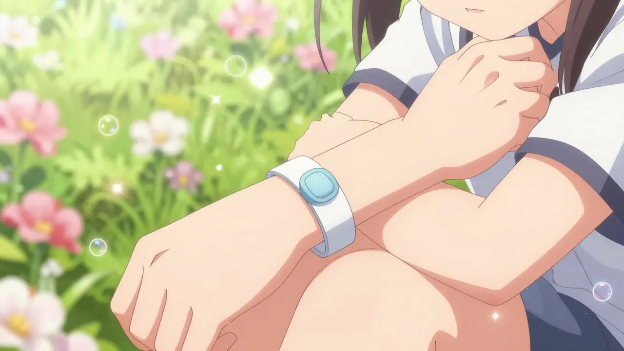 Gros plan sur un bracelet d'alerte médicale porté par une jeune femme dans un jardin fleuri.