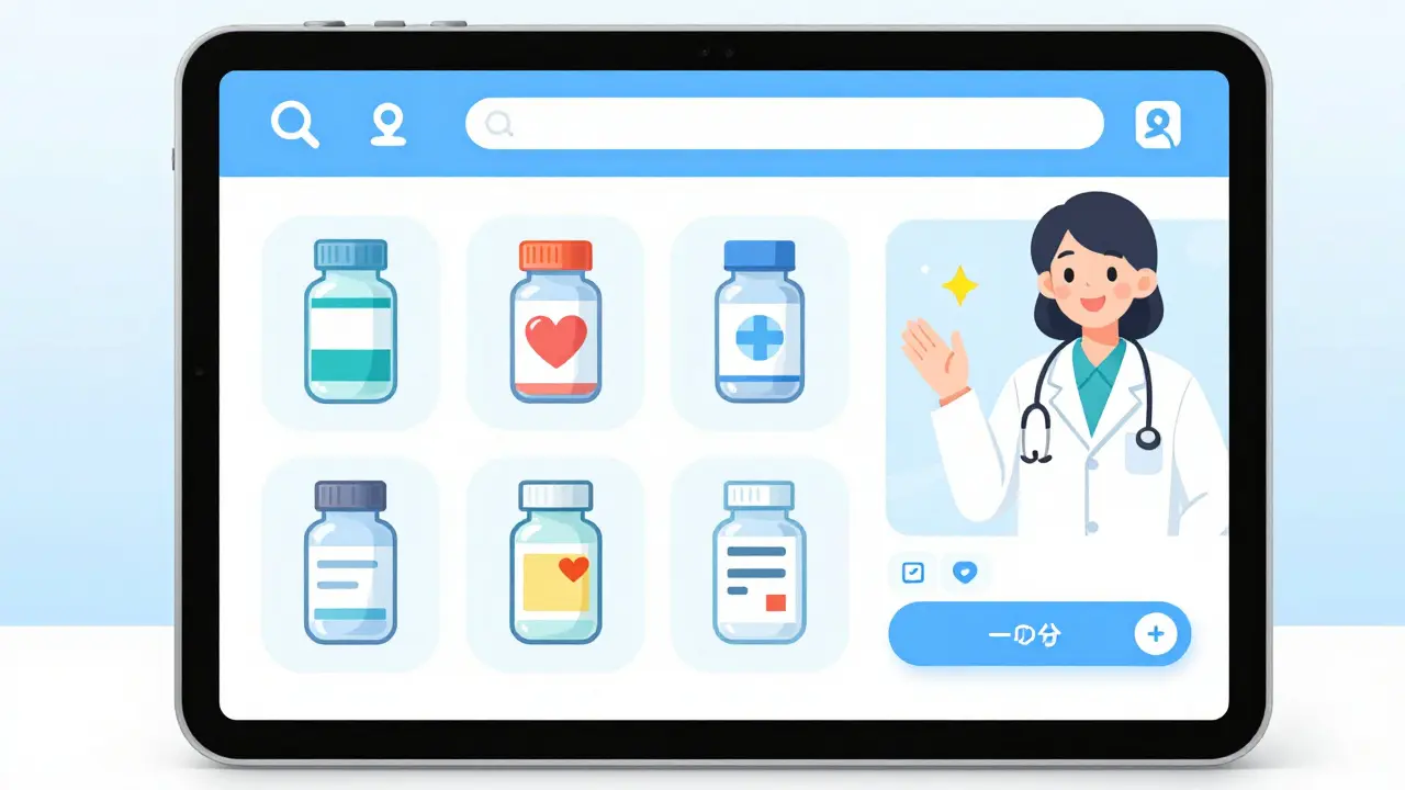 Interface de pharmacie en ligne avec un pharmacien bienveillant en style manga shoujo.