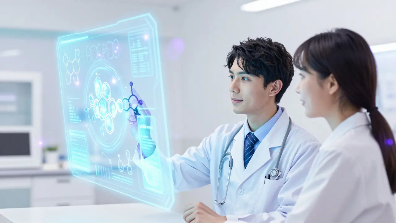 Interface holographique d'IA médicale et patients, style manga shoujo.