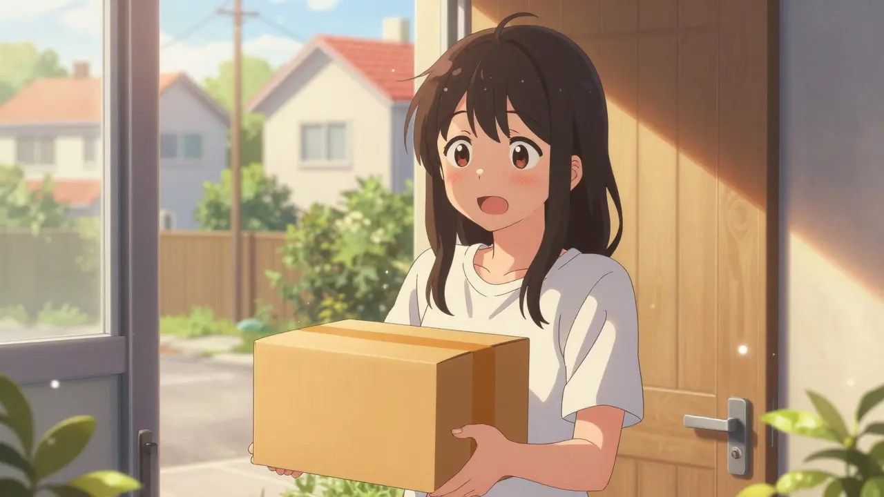 Jeune femme souriante recevant son colis de médicaments à domicile en style manga shoujo.