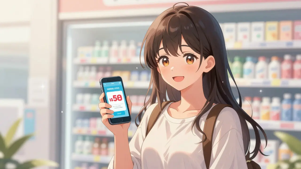 Jeune femme souriante utilisant un coupon de réduction sur son téléphone devant une pharmacie.