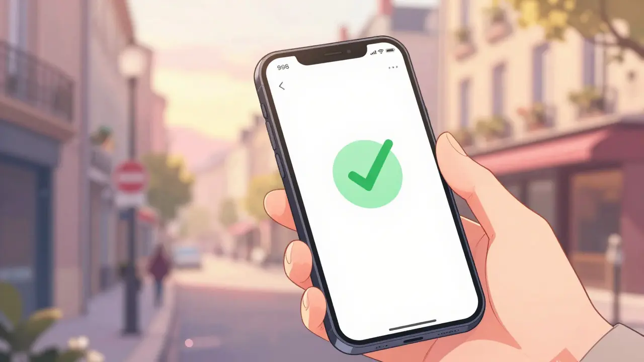 Main tenant un smartphone affichant une pharmacie en ligne certifiée, style manga shoujo.