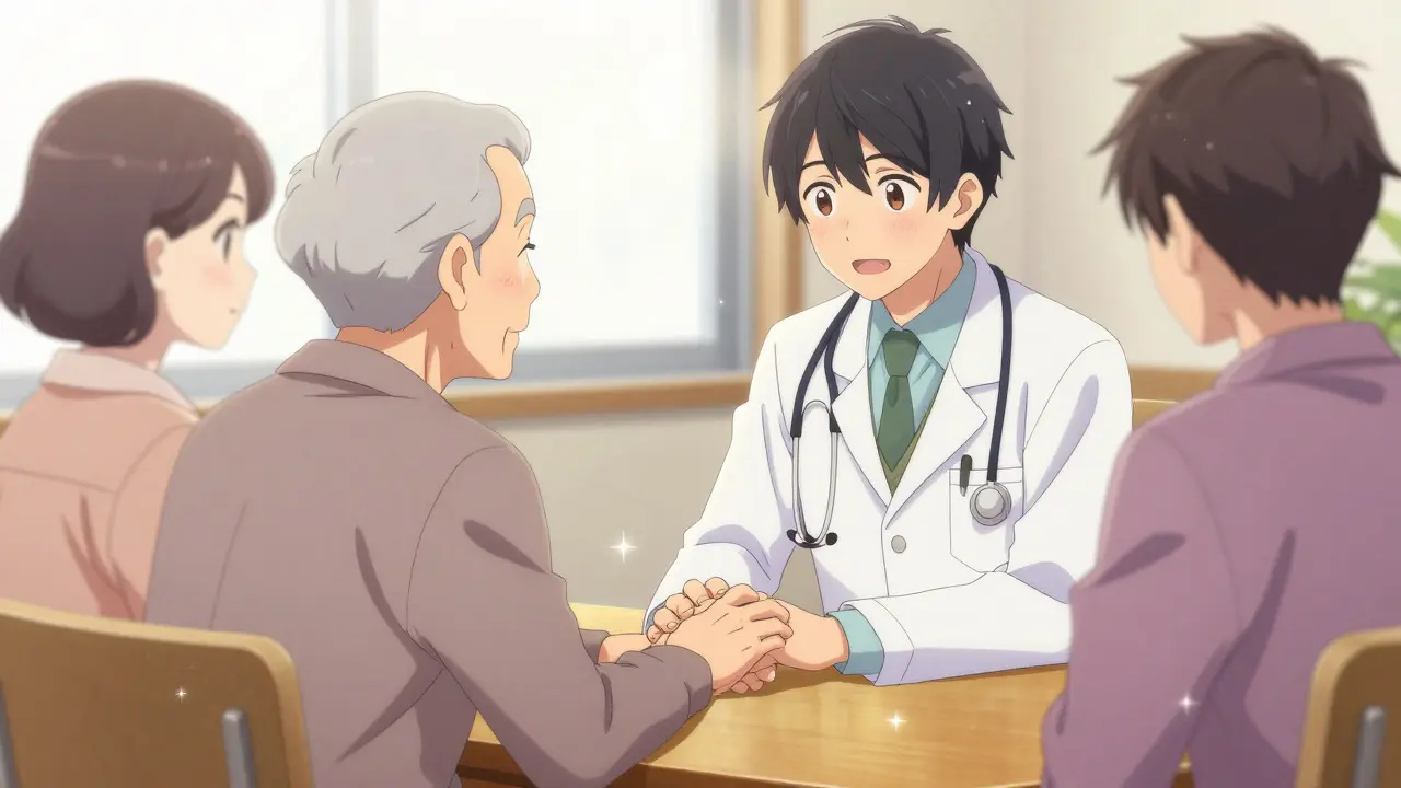 Médecin et famille se tenant la main pour une décision médicale partagée.