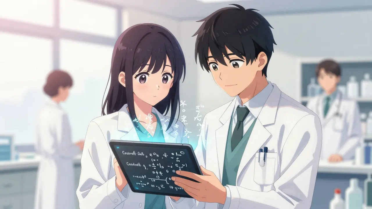 Médecin et pharmacien analysant des formules de dosage rénal sur une tablette.