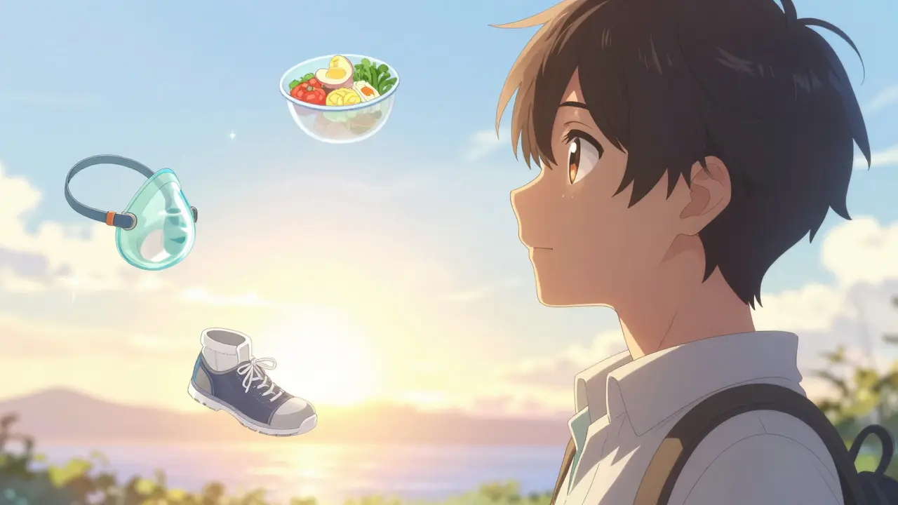 Personnage regardant l'horizon entouré de symboles de santé et de guérison dans un style manga.