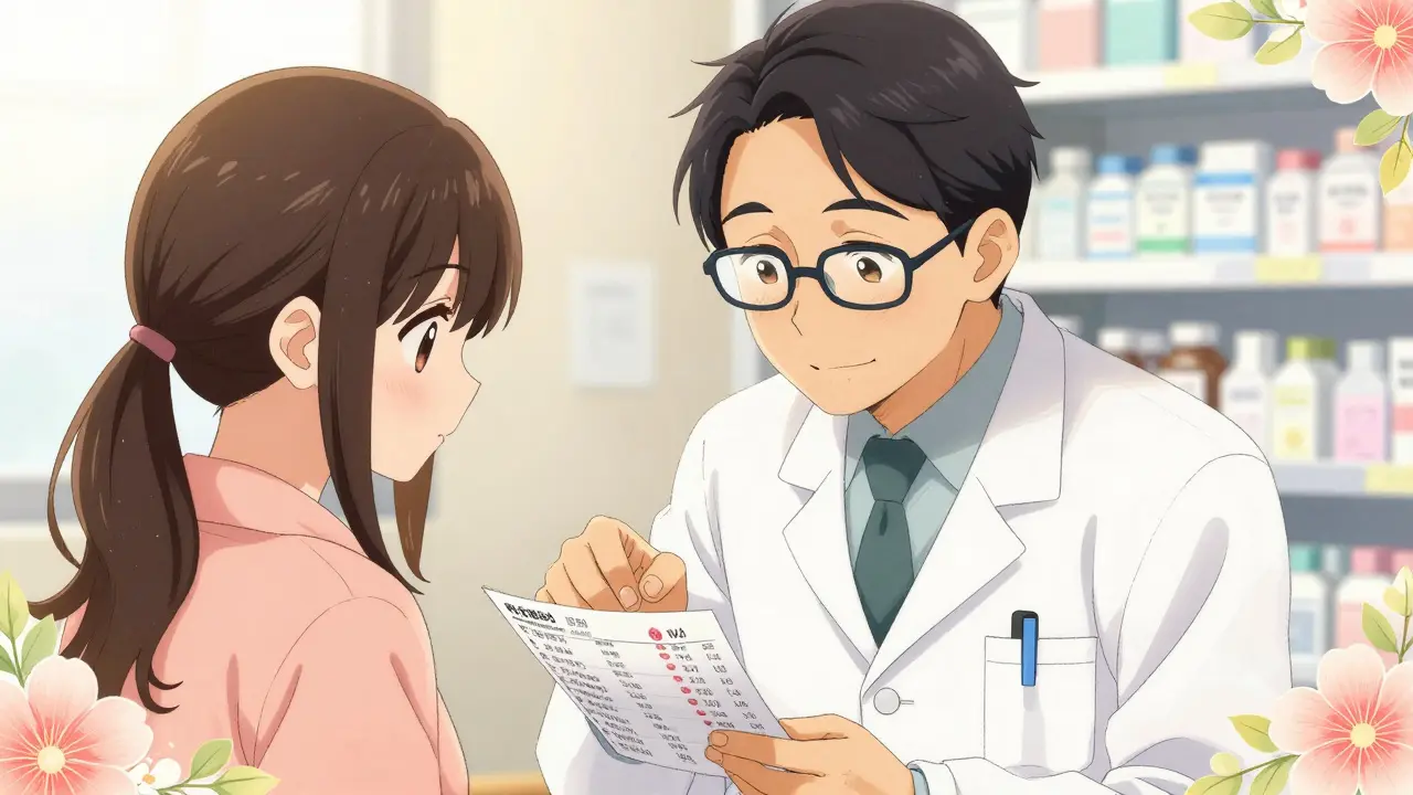 Pharmacien conseillant avec bienveillance une cliente sur la sécurité des compléments.