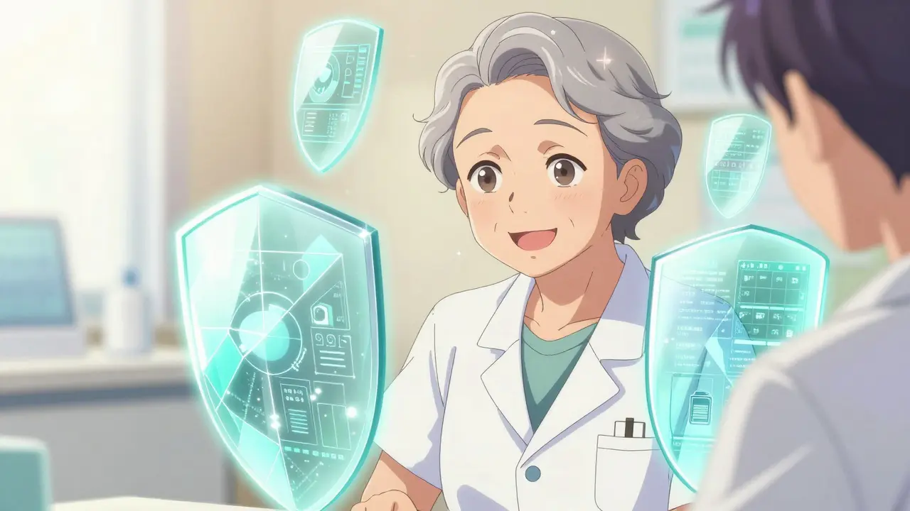 Sénior souriant protégé par des flux de données numériques et une surveillance IA.