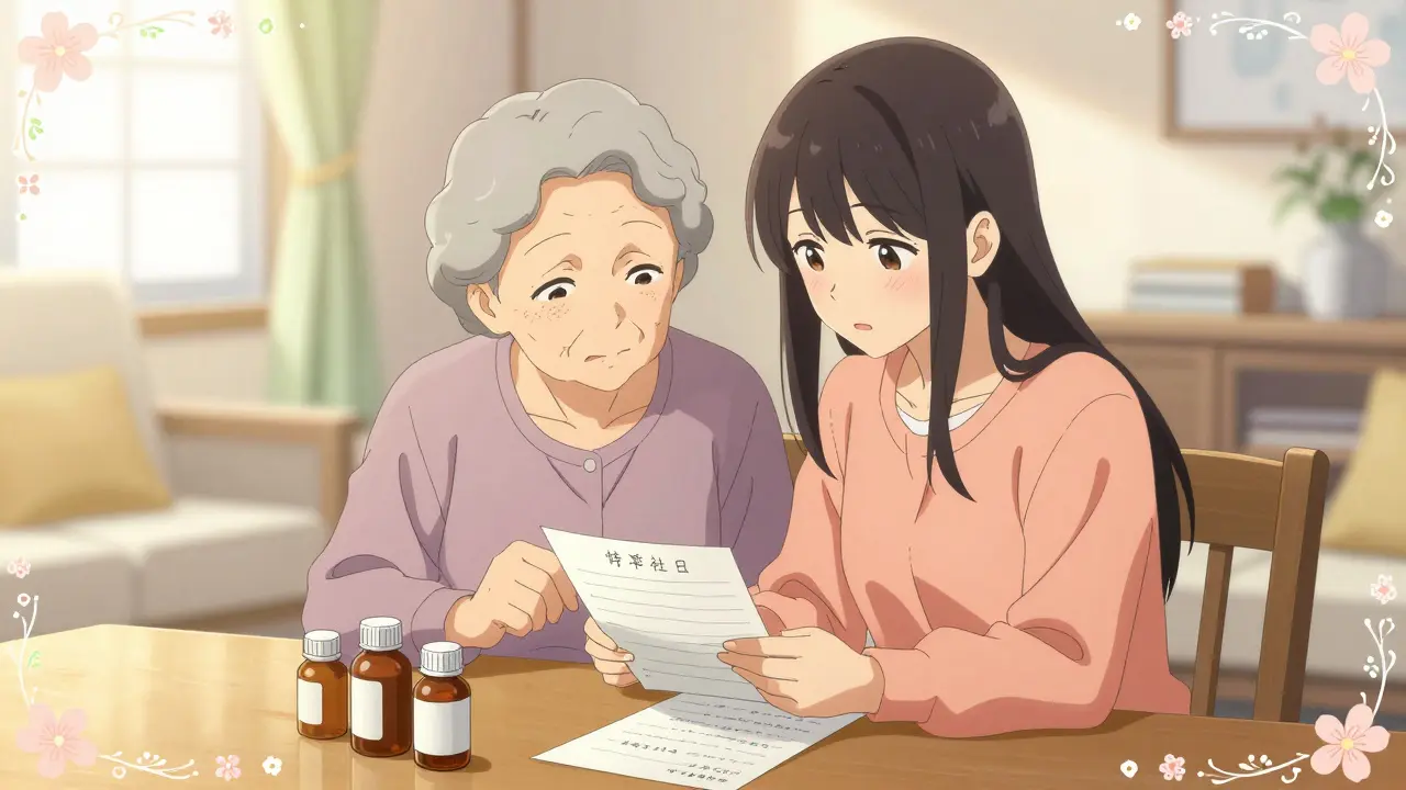 Une femme aidant une personne âgée à organiser ses médicaments, style manga shoujo.