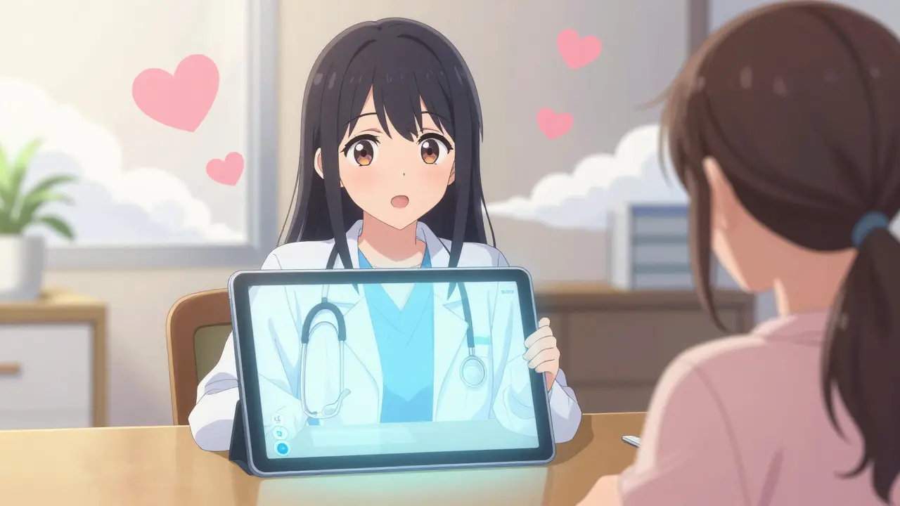 Consultation télémedicale en style shoujo entre médecin et patient sur tablette.