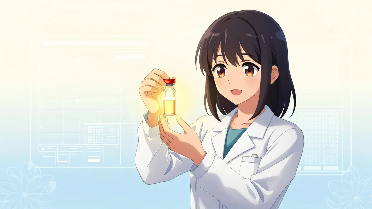 Contrôle qualité symbolisé par un flacon lumineux et des motifs décoratifs, style anime.