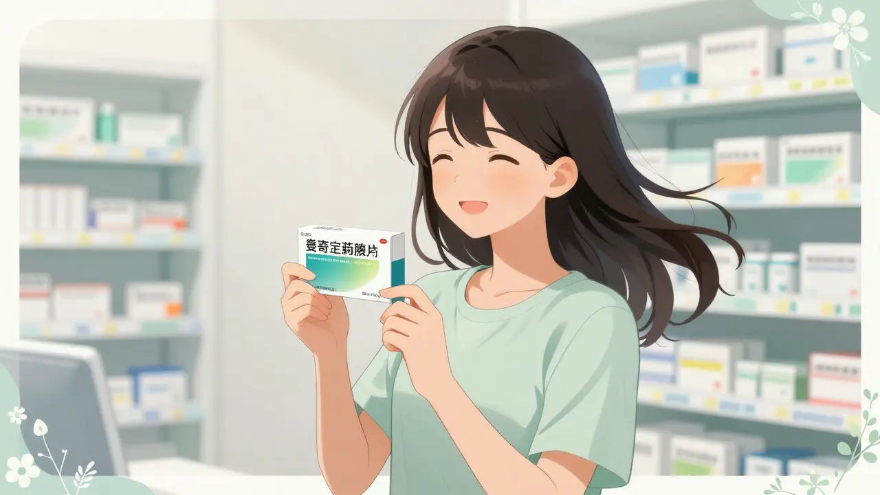 Femme satisfaite tenant sa boîte de médicaments légitimes dans une pharmacie propre.