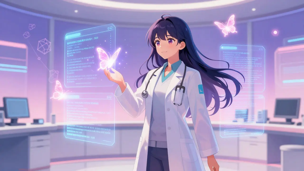 Futuriste pharmacie avec des codes matriciels flottants et une ambiance sereine