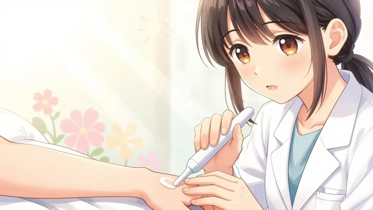 Illustration manga douce d'un traitement topique apaisant pour le molluscum