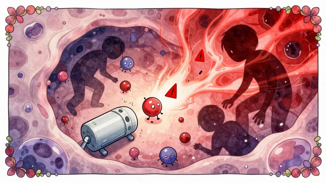 Mécanisme moléculaire d'interaction médicamenteuse illustré en style manga.