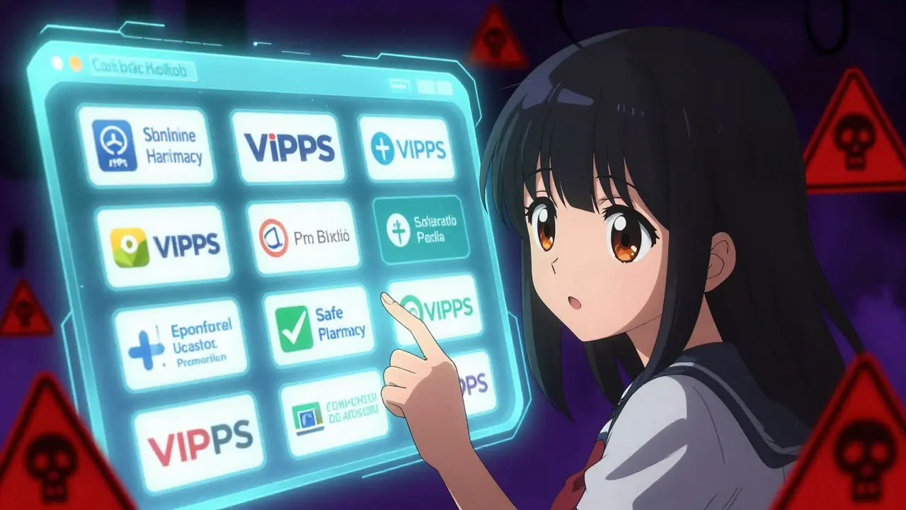 Personnage anime choisissant une pharmacie en ligne sûre