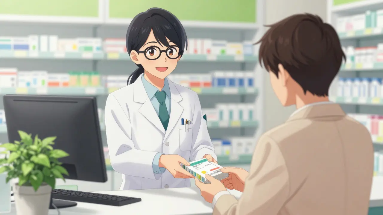 Pharmacien souriant remettant des medicaments a un patient dans un cadre chaleureux