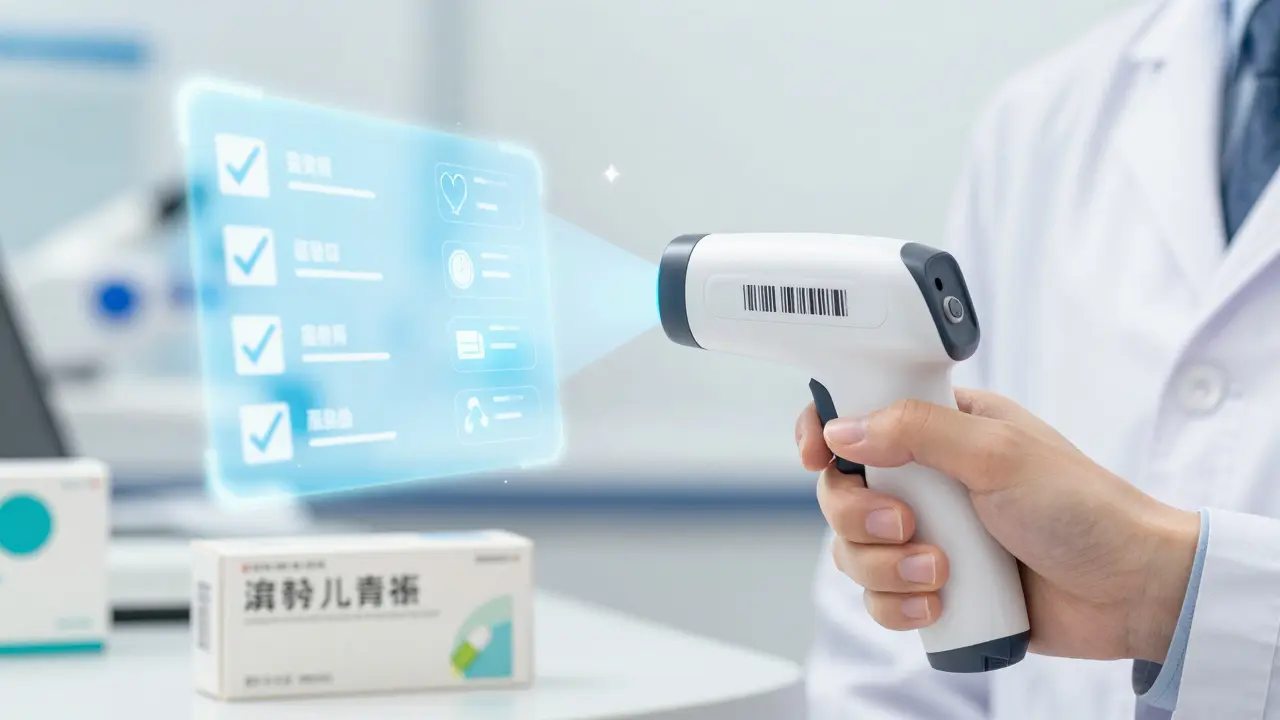 Scanner de code-barres vérifiant un médicament avec des effets magiques lumineux