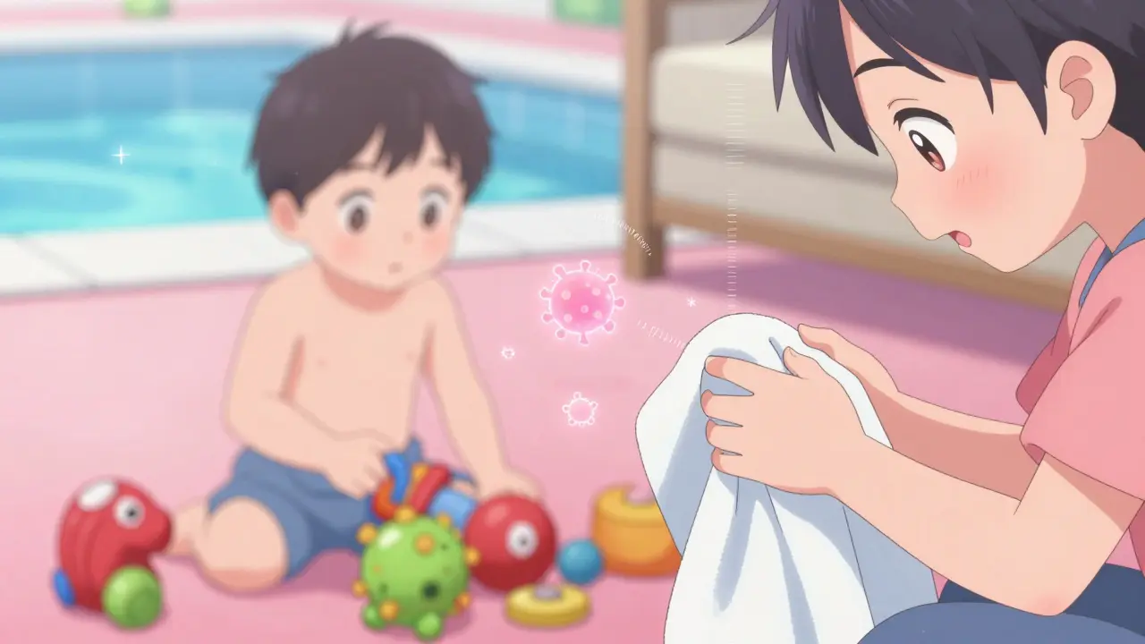 Scène manga montrant la transmission du virus via des jouets et le contact cutané