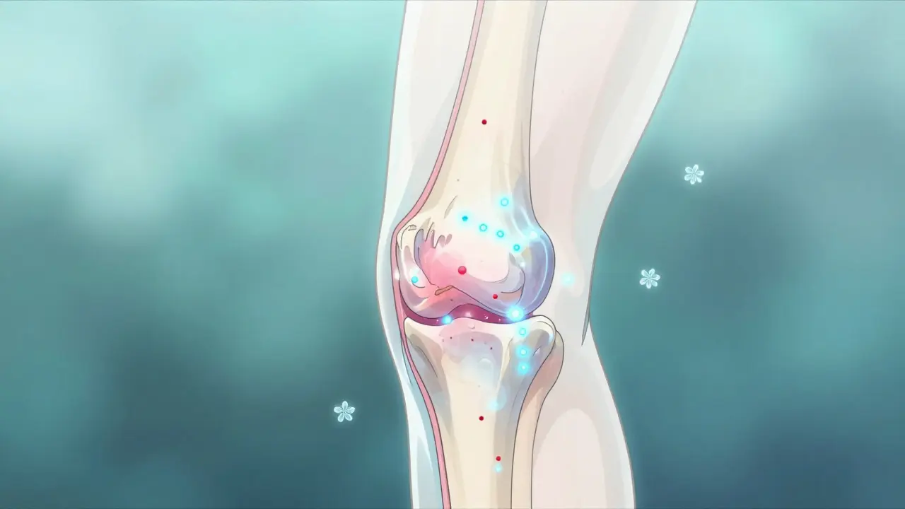 Schéma artistique de la pénétration du médicament dans le genou