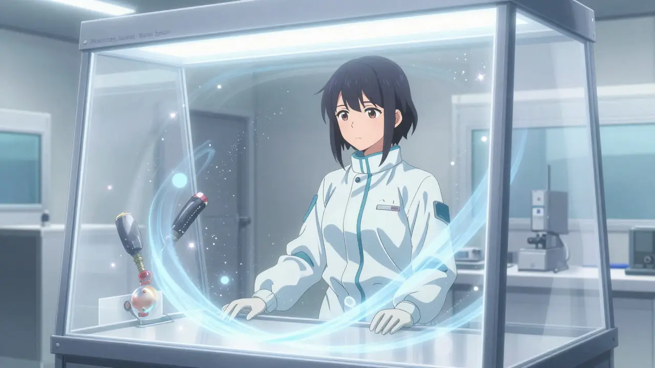 Technicienne en salle blanche derrière une barrière RABS, style manga shoujo lumineux.