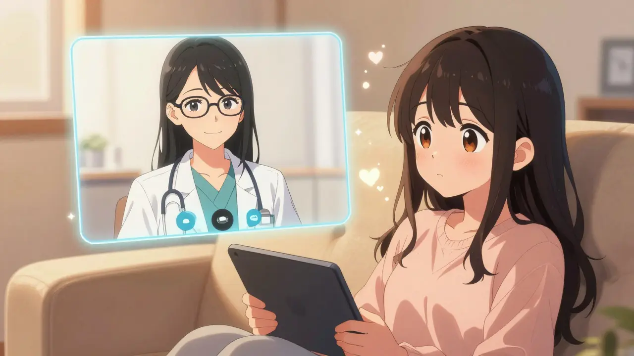Consultation vidéo chaleureuse entre une patiente et un médecin bienveillant