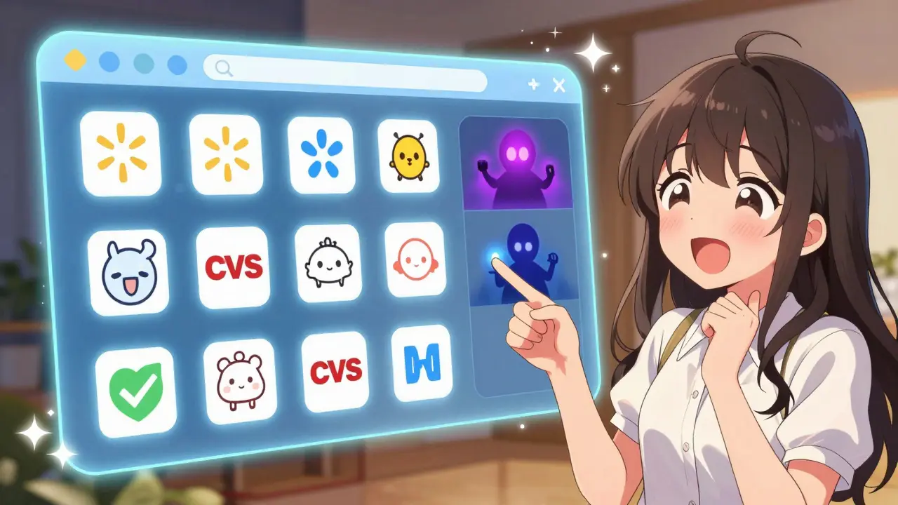 Personnage manga choisissant un achat en ligne sécurisé parmi des icônes lumineuses