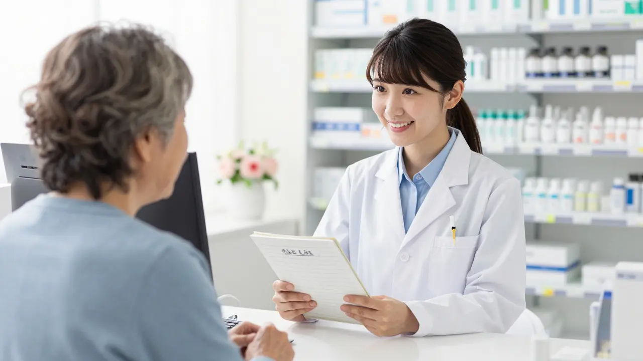 Pharmacien aidant un patient avec une liste de médicaments