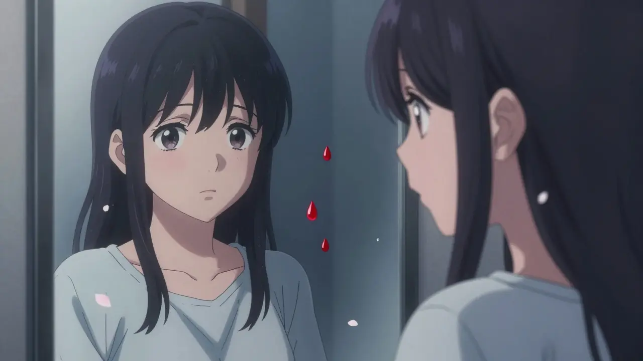 Portrait manga d'une femme inquiète devant un miroir montrant les effets secondaires