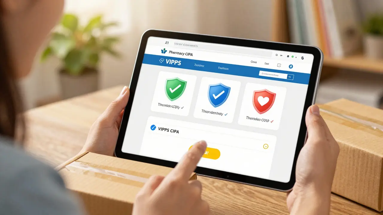 Utilisatrice heureuse recevant son colis de pharmacie en ligne sécurisée