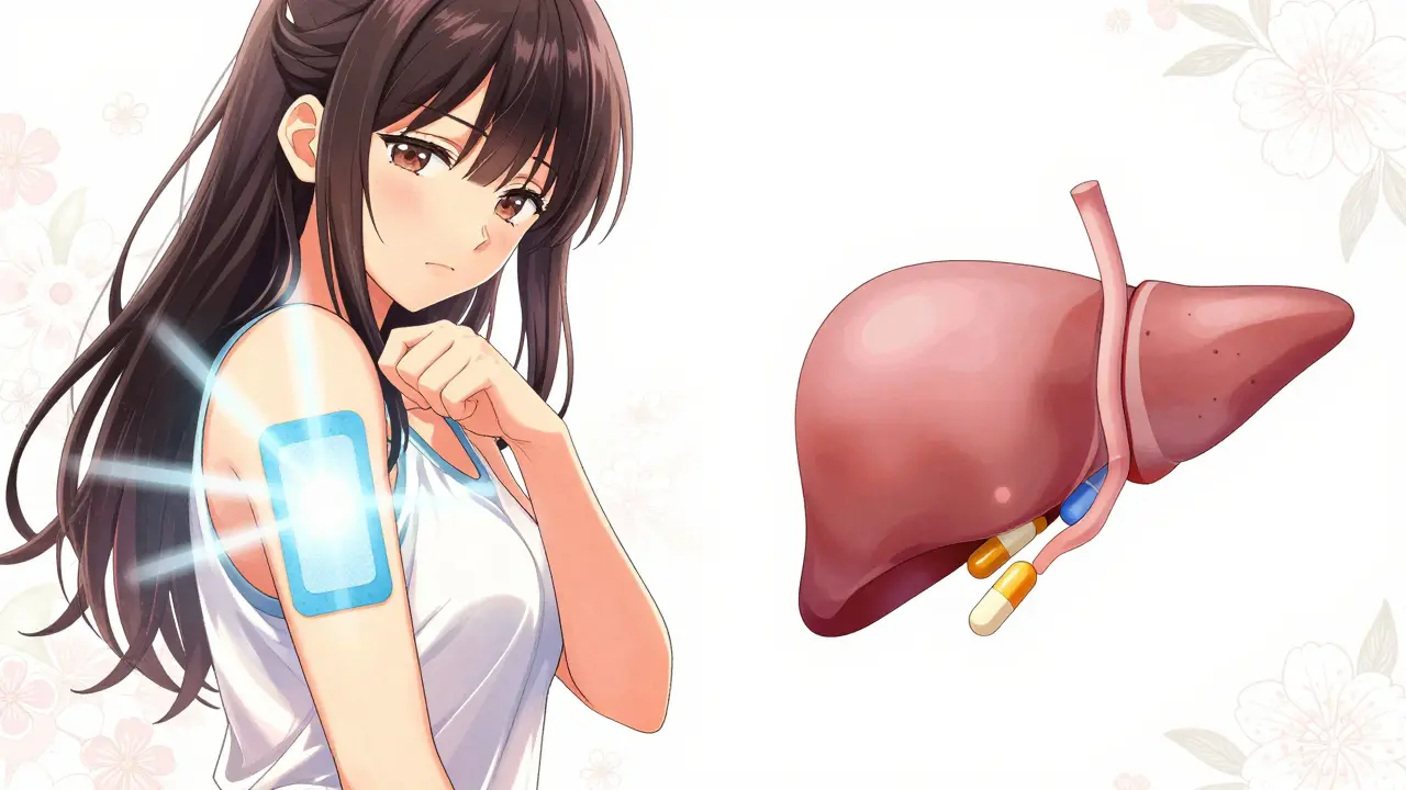 Comparaison visuelle entre patch transdermique et comprimés oraux en style manga