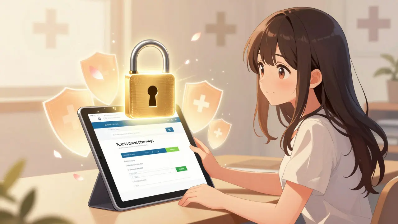 Femme vérifiant une pharmacie en ligne sécurisée dans un style manga