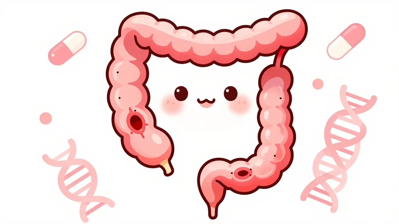 Illustration mignonne du côlon inflammé avec ulcères, style manga