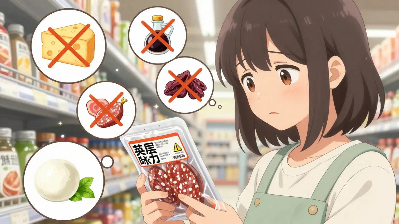 Personnage lisant les étiquettes alimentaires pour éviter la tyramine dans un supermarché.