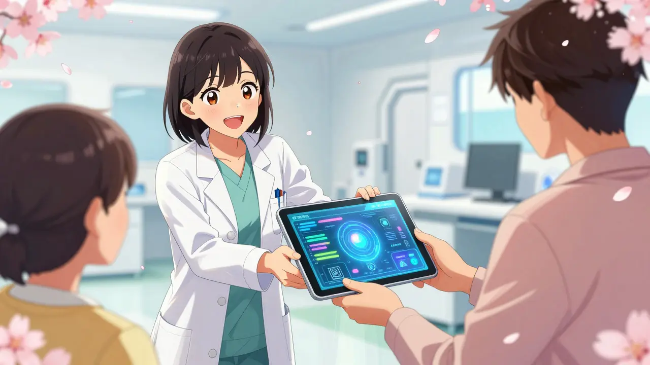 Pharmacien souriant utilisant la technologie numérique pour aider un patient heureux