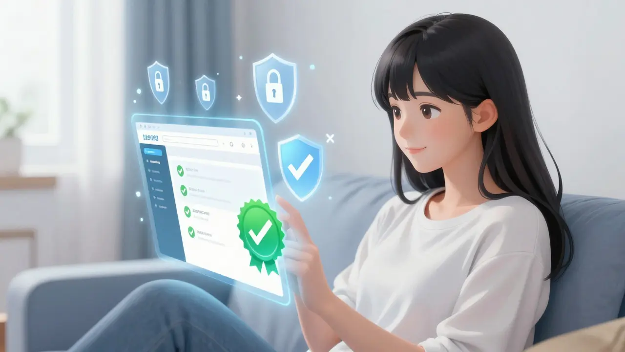 Femme sereine utilisant une plateforme sécurisée pour acheter ses médicaments en ligne.
