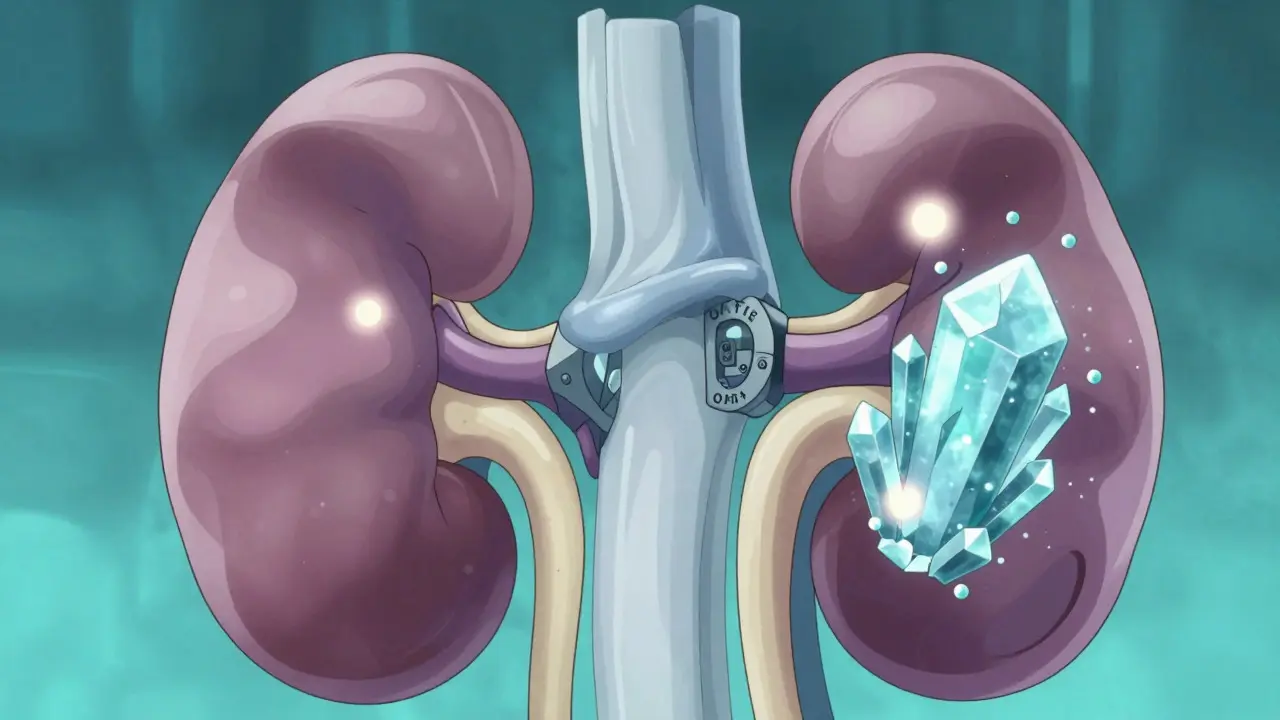 Illustration stylisée du rein montrant l'interaction entre médicaments et acide urique
