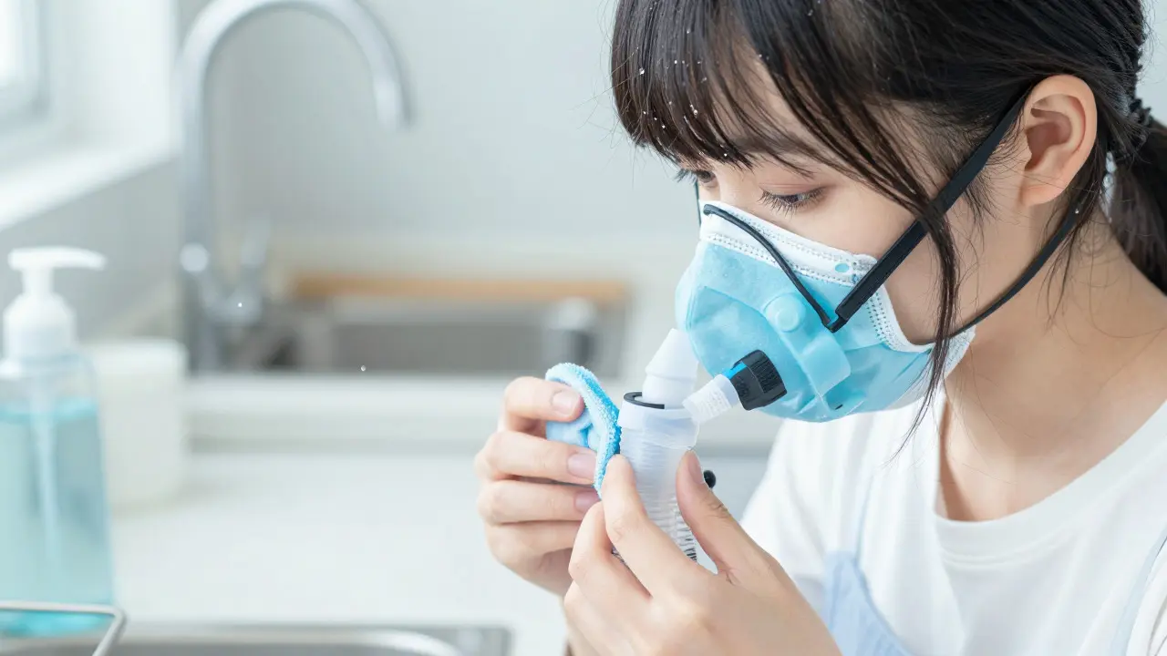 Jeune femme manga nettoyant soigneusement son équipement d'oxygène