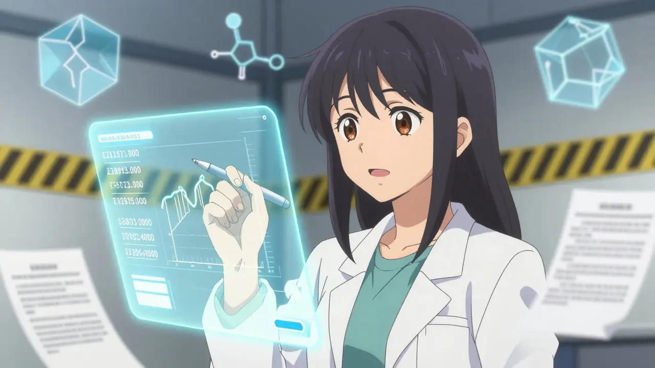 Jeune scientifique analysant des données de brevets sur une interface holographique, style manga shoujo.