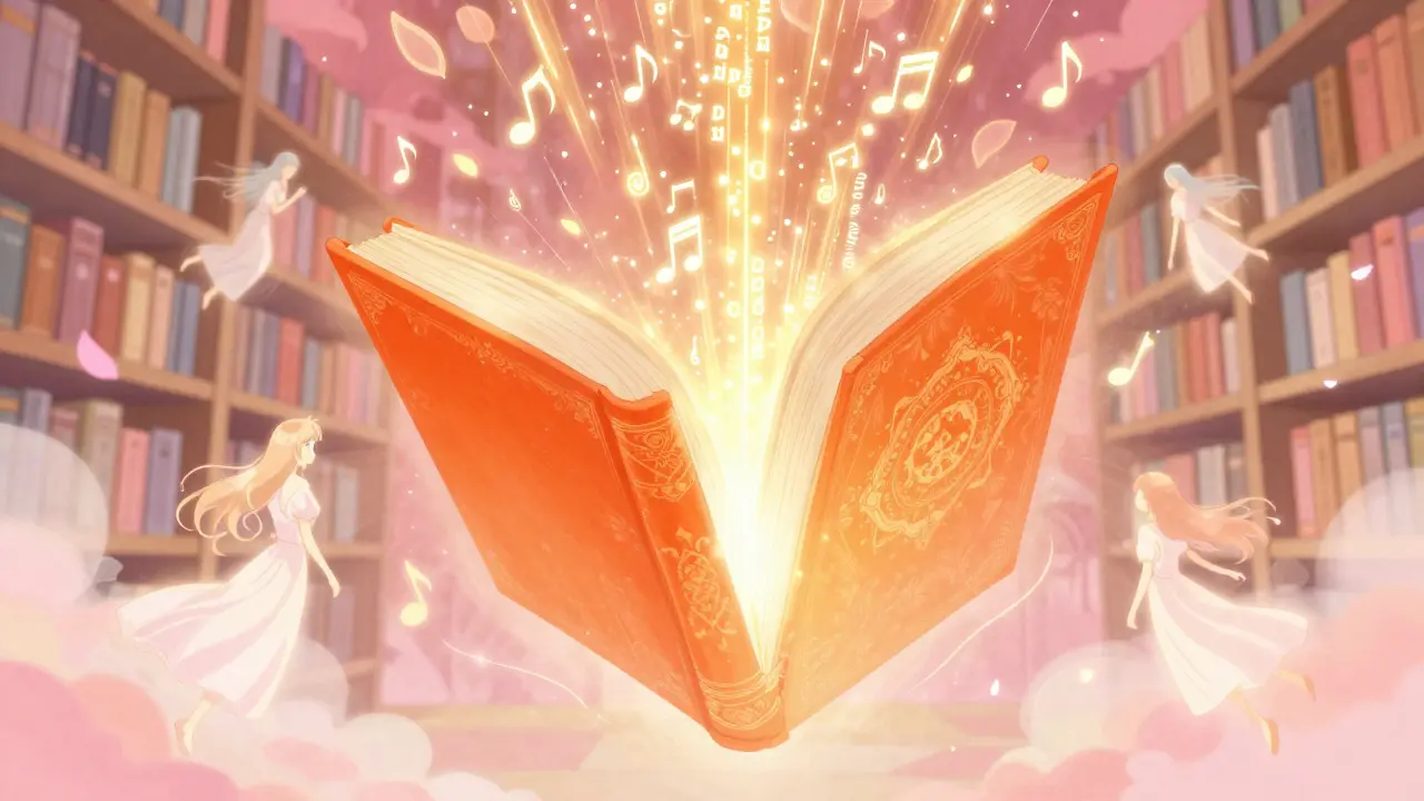 Livre Orange magique flottant et brillant dans une bibliothèque éthérée, style manga shoujo.