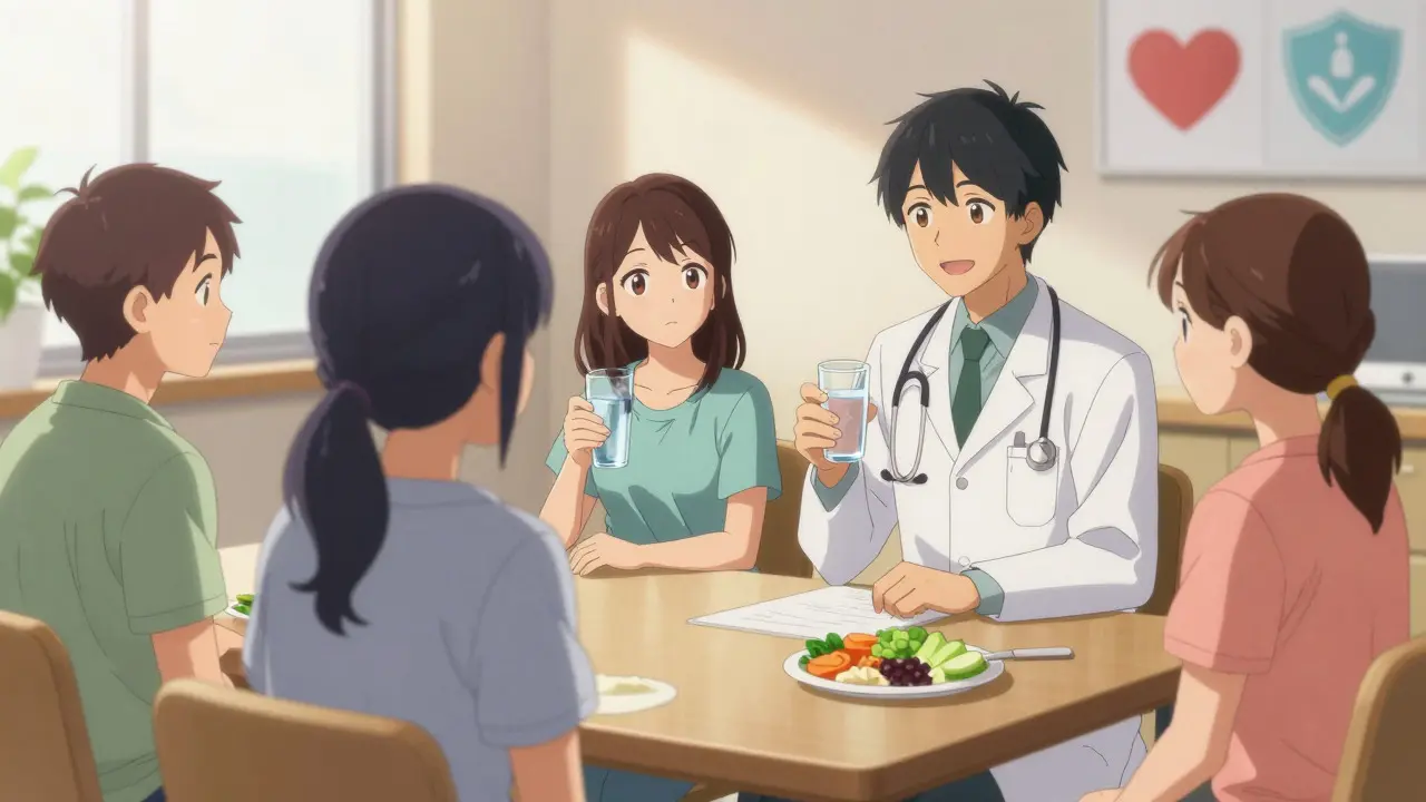 Patients discutant avec un médecin dans un cabinet lumineux, style anime