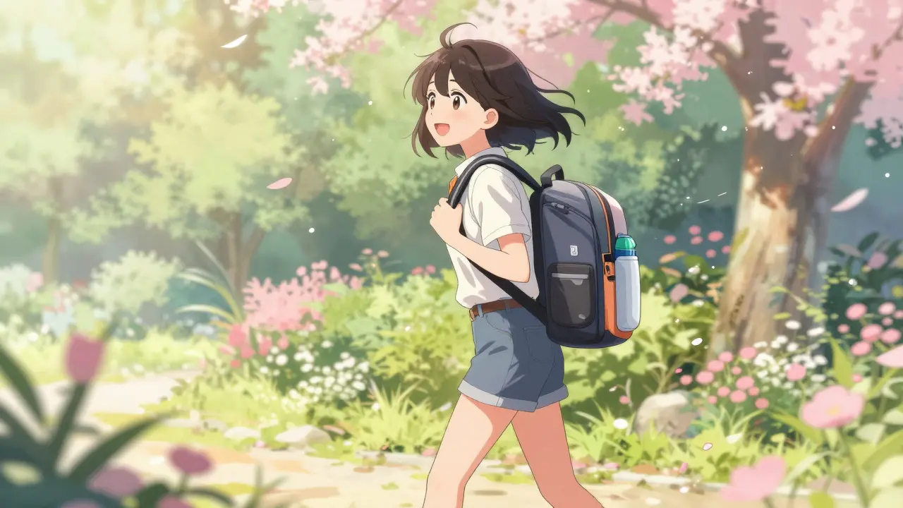 Personnage manga marchant joyeusement dans un jardin avec oxygène portable