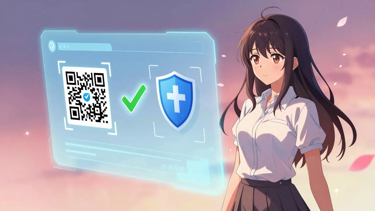 Personnage vérifiant l'authenticité d'un médicament via une interface numérique