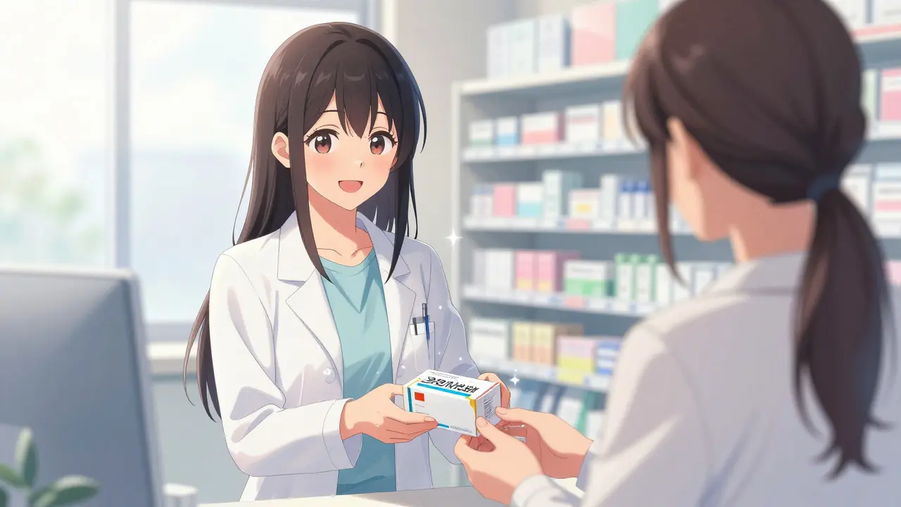 Pharmacien remettant des médicaments à une cliente souriante dans une pharmacie lumineuse